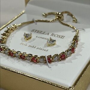 Gold Plated Bracelet and Earring Set with Pink and Clear Stones